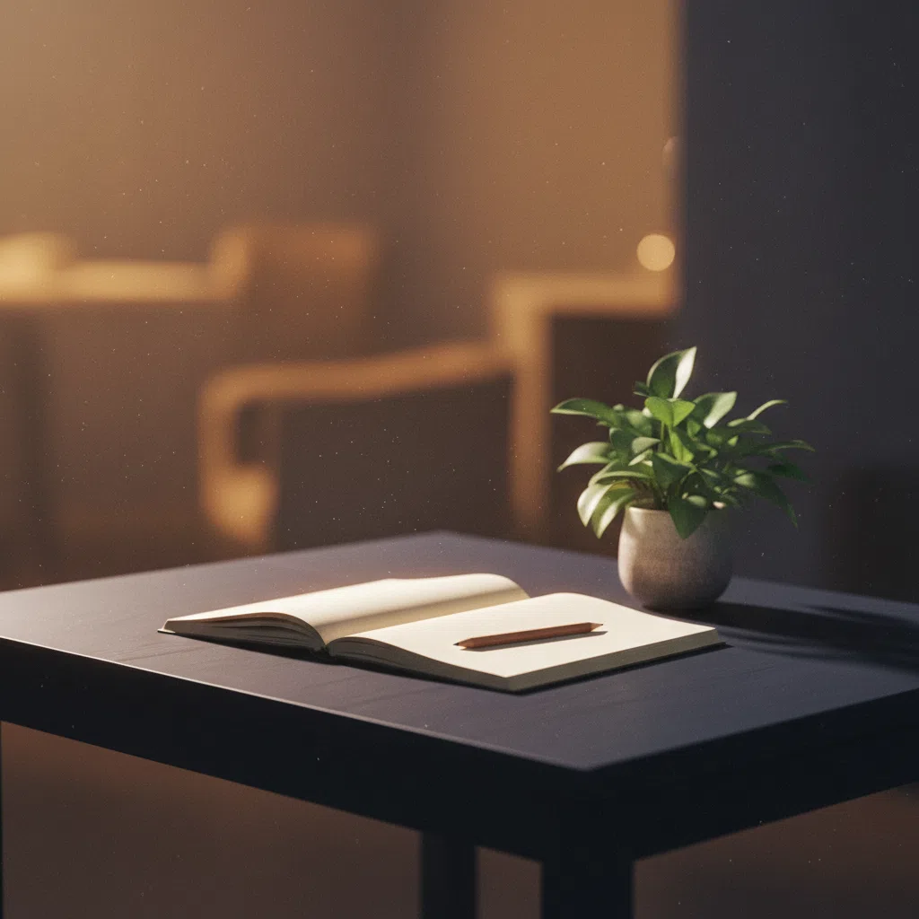 Een rustige werkruimte met een notitieboekje, een potlood en een kleine plant op een houten bureau