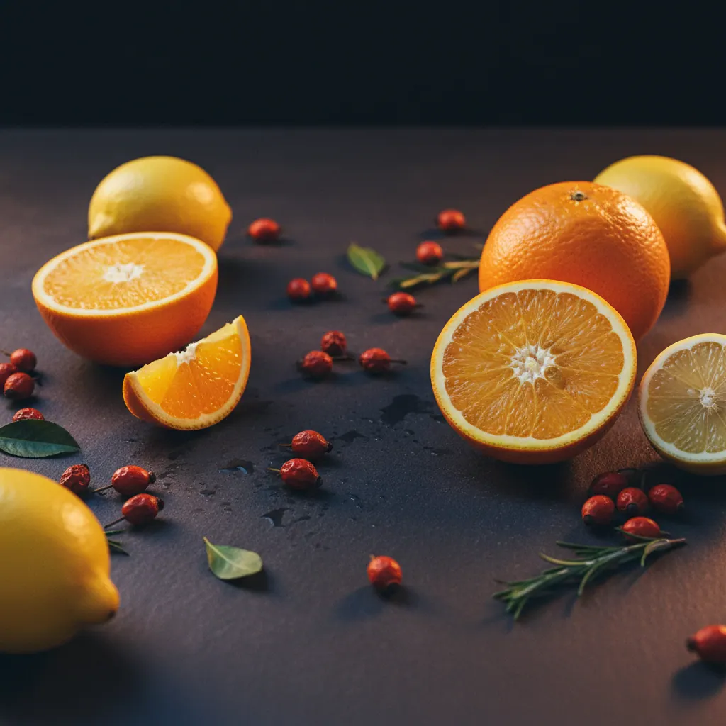 Verse sinaasappels, citroenen en rozenbottels op een licht houten tafel - natuurlijke bronnen van vitamine C