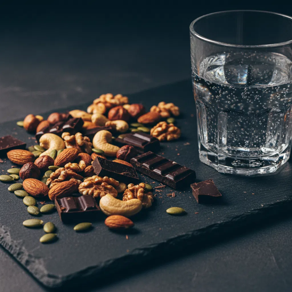 Noten, zaden en donkere chocolade naast een glas mineraalwater op een leisteen bord