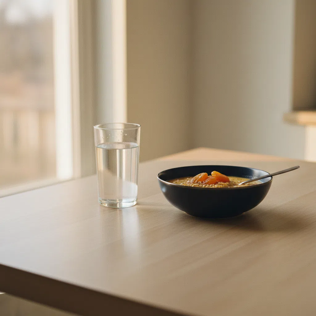 Een glas water en een ontbijtbord op een licht houten tafel in de ochtend, rustige sfeer