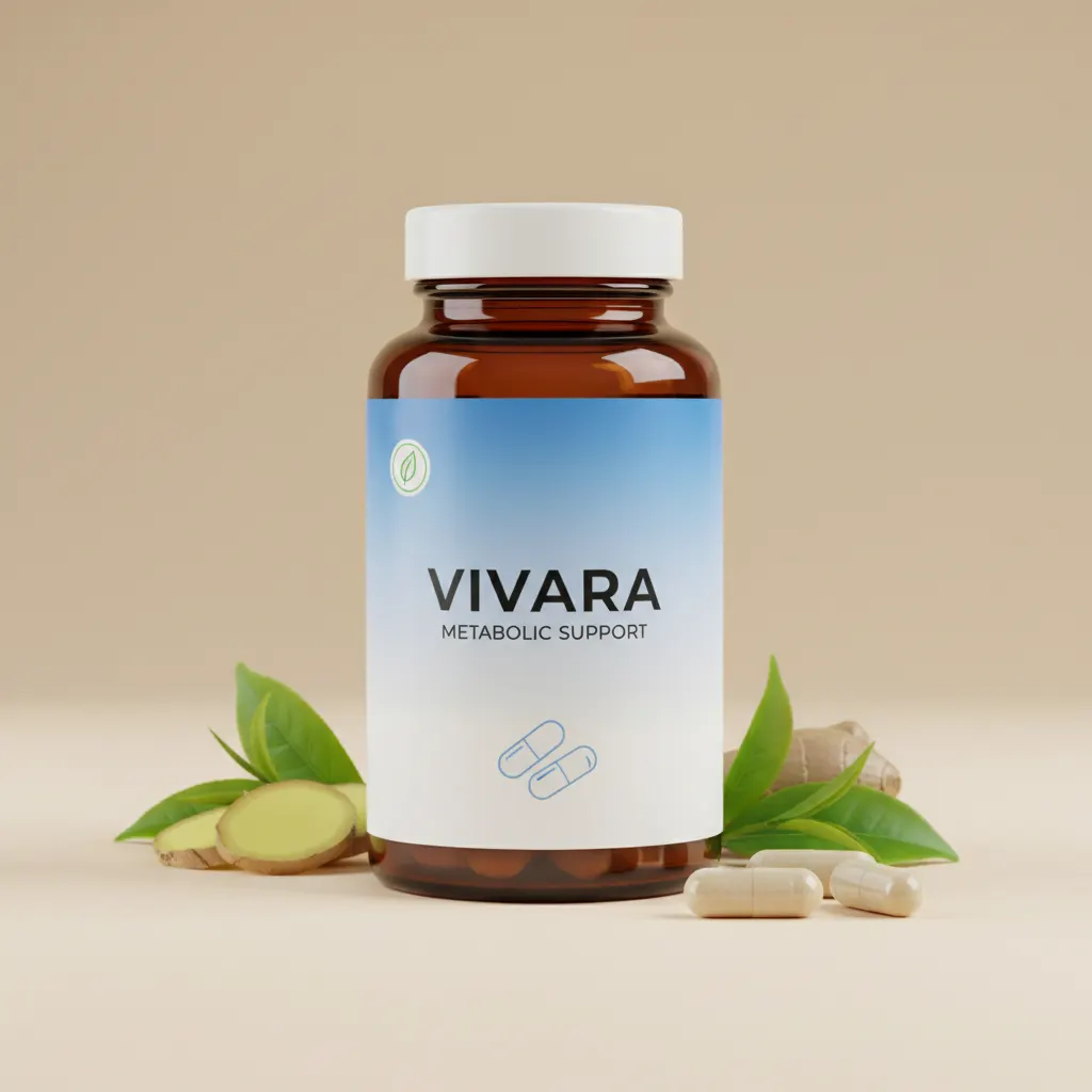 Vivara Metabolic Support amberen glazen flacon met zwart deksel, voorzijde met designlabel